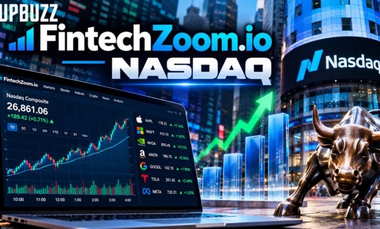FintechZoom.io Nasdaq market analysis with Nasdaq Composite charts and financial data on a digital trading screen
